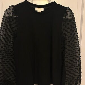 Anthropologie Maeve Black Top with Sheer Polka Dot Sleeves